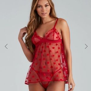 HEART PRINT BABYDOLL DRESS AND PANTY SET. VALENTINE’S